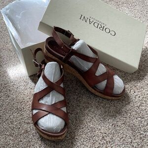 Cordani Brown Leather Cork Platform Slingback Sandals